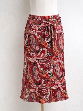Vintage Red Paisley Wrap Skirt Midi Boho Resort Summer Tie Waist 4